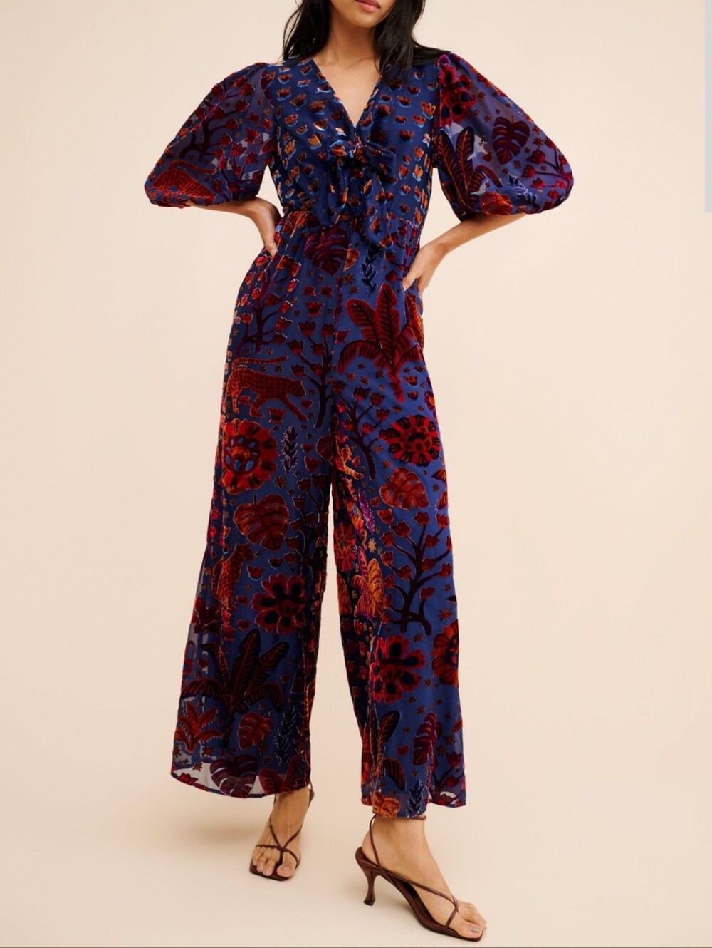 FARM Rio Jacquard Velvet Blue & Red Floral Wide-Leg Jumpsuit WOMEN Size S USED